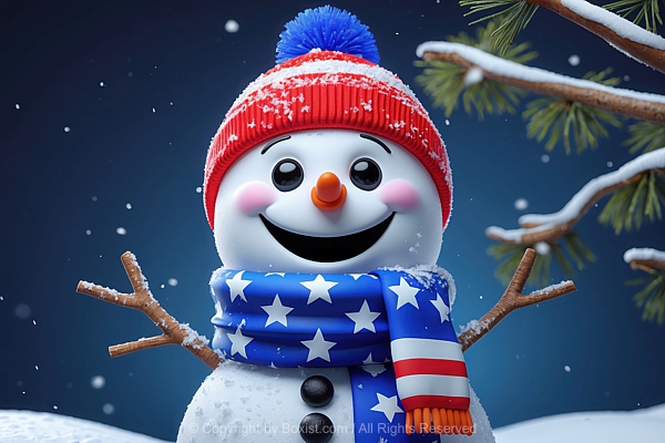 Cheerful Snowman Wears A Bright Red Knitted Hat And American Flag Scarf Wrapped Around Its Neck
