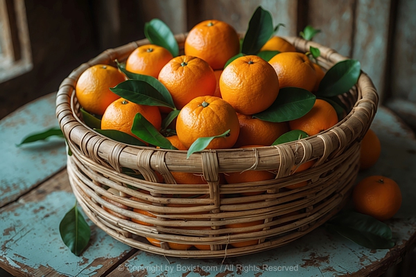 Circular Shaped Fruit Basket Made Of Woven Filled With A Fresh Oranges