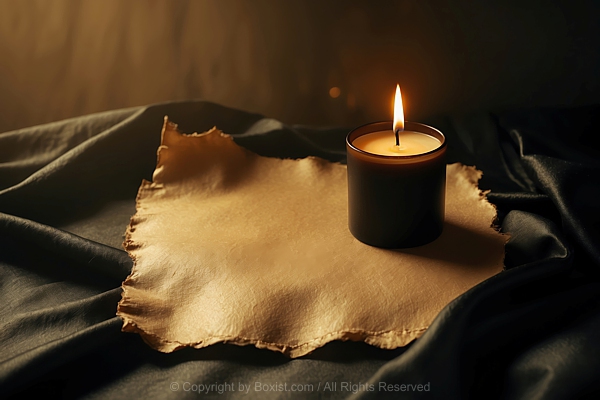 Candle With Gentle Flame On Top Of Old Blank Parchment
