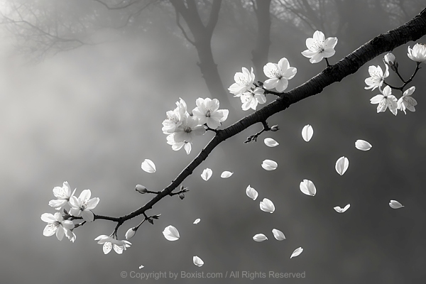 Cherry Blossom Branch In Black And White With Morning Mist