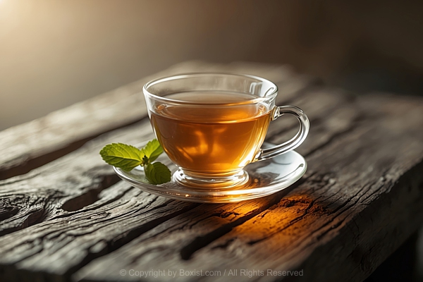 Cup Of Tea With Mint Leaves Placed On Rustic Wooden Table