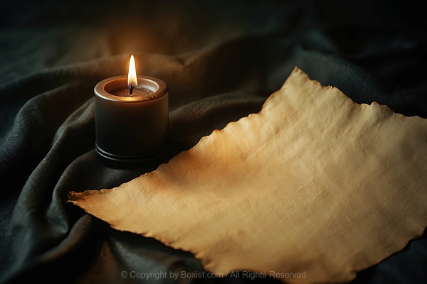 Candle With Gentle Flame Beside Worn Rough Edged Empty Parchment