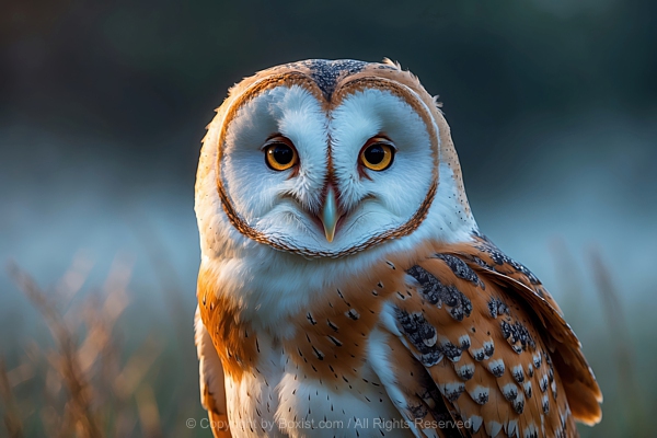 Closeup Of Barn Owl Portrait Against Dark Blurry Nature Background