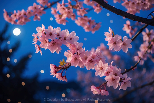Cherry Blossoms With Delicate Pink Petals Against Soft Glow Of Moonlight