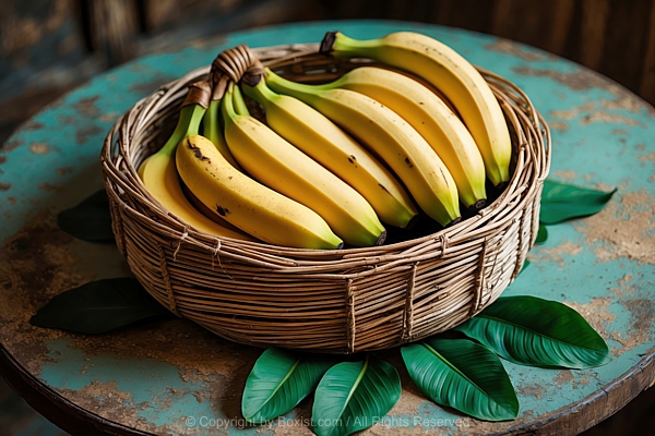 Bananas In Fruit Woven Basket On Old Wooden Table