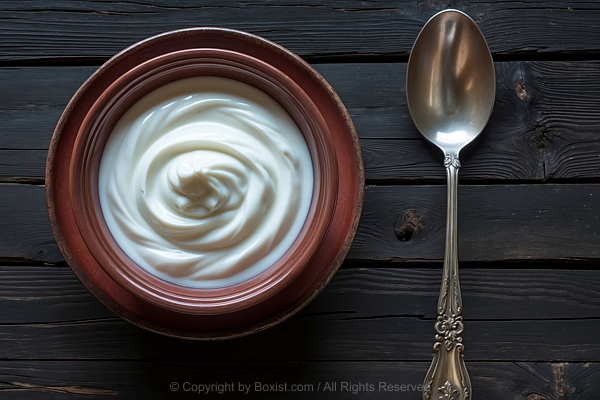 Bowl Of Yogurt And Large Spoon On Wooden Table Surface