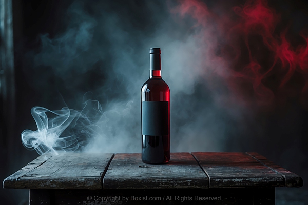 Bottle Of Wine Placed Centrally On Old Grunge Wooden Table With Smoke Background