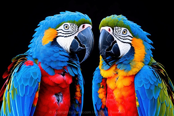 Closeup Of Two Beautiful Colorful Macaws Next To Each Other
