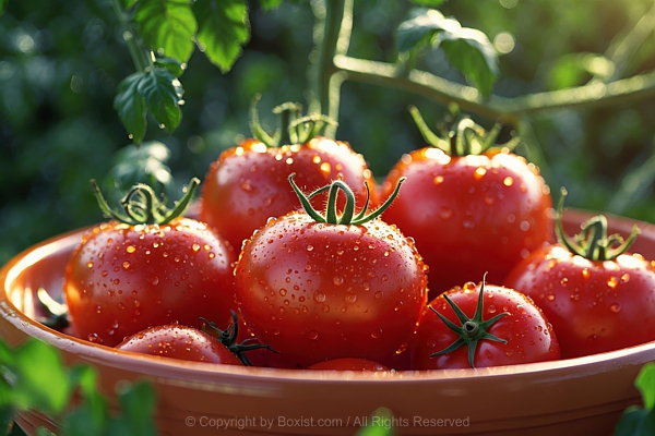 Closeup Of Fresh Red Tomatoes With Water Droplets In Bowl