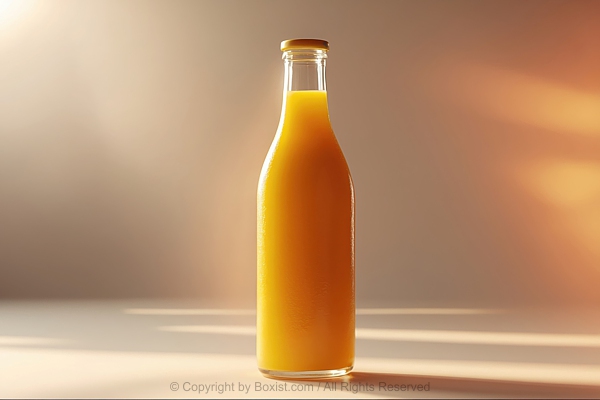 Cold Glass Bottle Of Orange Juice Standing Upright On Clean Surface