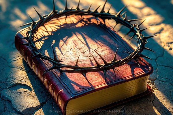 Crown Of Thorns On Top Of Red Leather Bound Book On Stone Surface