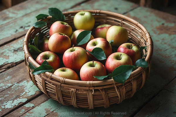 Fresh Apples In Fruit Woven Basket On Wooden Table