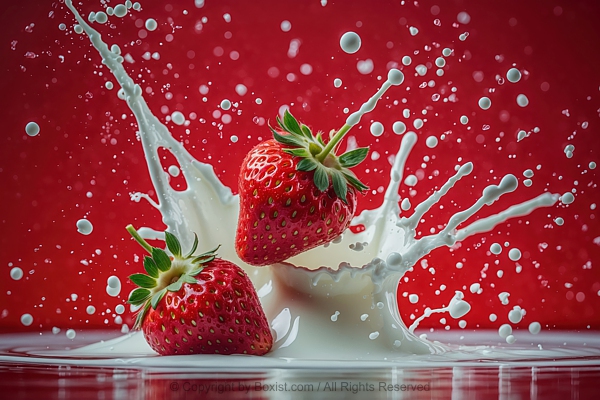 Fresh Red Strawberries Plunge Into Creamy White Milk Splash