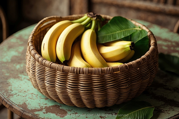 Fresh Bananas In Fruit Woven Basket