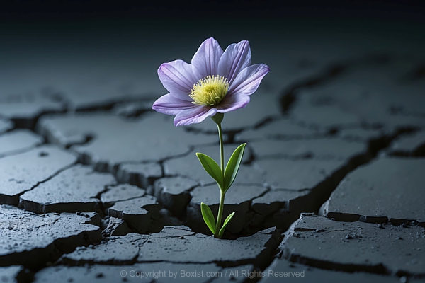 Flower With Petals Of Soft Purple Growing In Crack Mud Ground