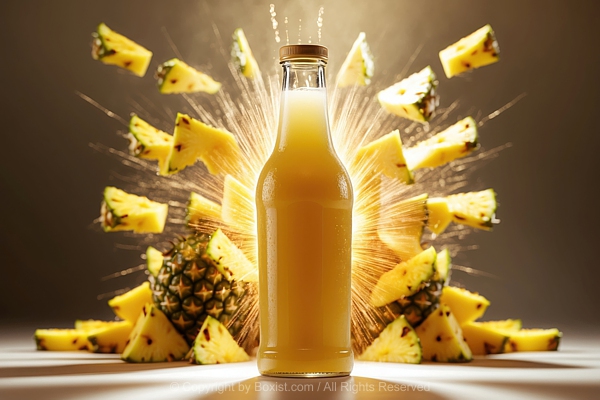 Glass Bottle Of Pineapple Juice With Bursting Slices Of Pineapples