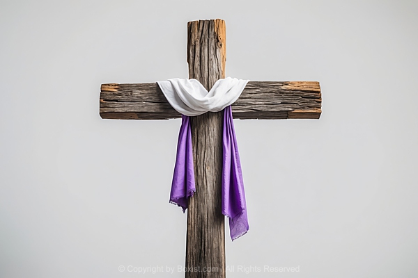 Draped White And Purple Cloth On Weathered Wooden Beams Cross