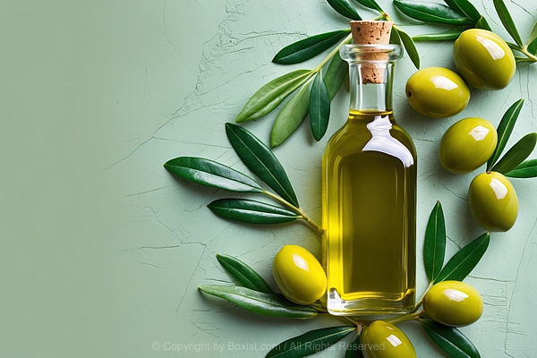 Fresh Olive Oil In Glass Bottle Surrounded By Green Olives And Olive Leaves