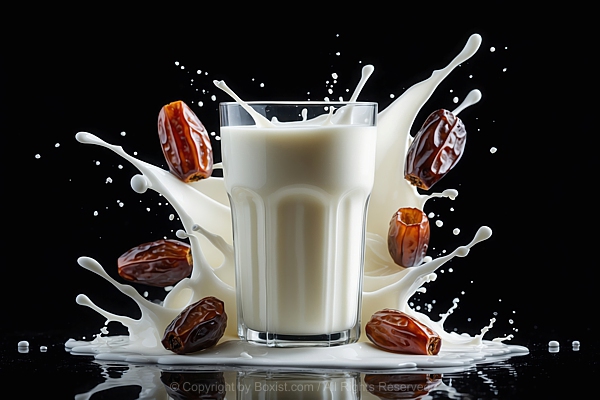 Glass Of Milk With Fresh Dates And Milk Splashes