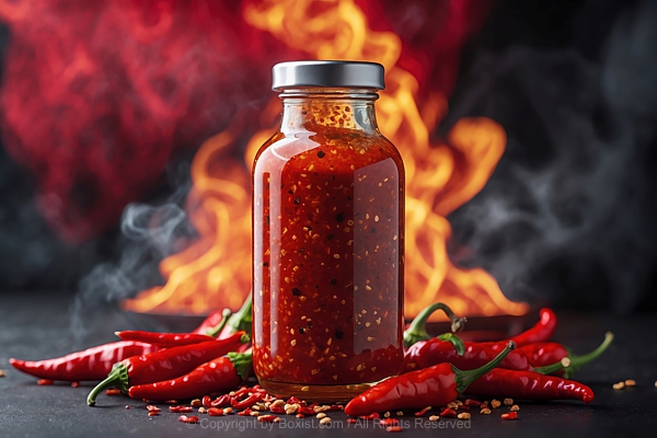 Glass Bottle Filled With Red Chili Sauce With Chili Seeds And Flames And Smoke