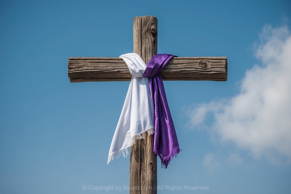 Draped Purple And White Cloth Hanged On Old Rustic Wooden Cross