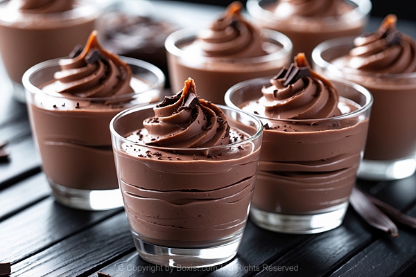 Glasses With Chocolate Mousse Dessert With Creamy Texture And Spiral Top
