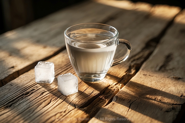 Glass Of Water With Some Ice Cubes On Rustic Wooden Table