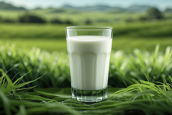 Glass Of Fresh Milk On Green Grass Background