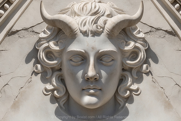 Head With Two Horns Marble Stone Relief
