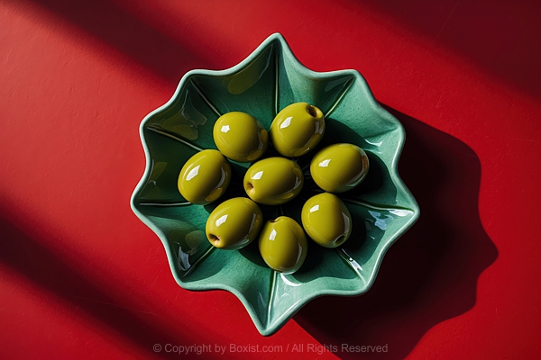 Green Olives Neatly Placed In A Ceramic Bowl Leaf Shaped