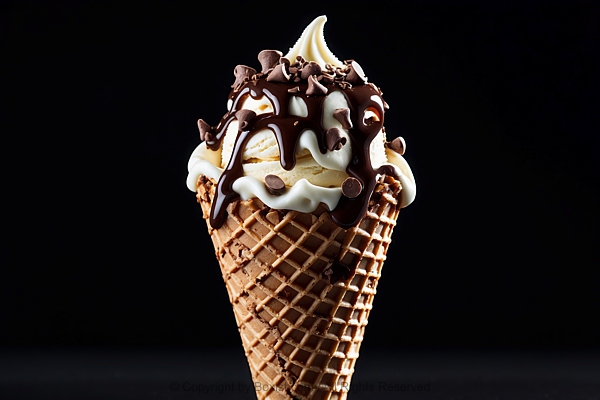 Ice Cream Cone With Vanilla With Chocolate Syrup And Crunchy Chocolate