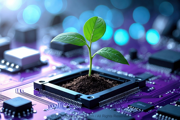 Green Seedling Breaks Through The Surface Of Purple Tinted Circuit Board