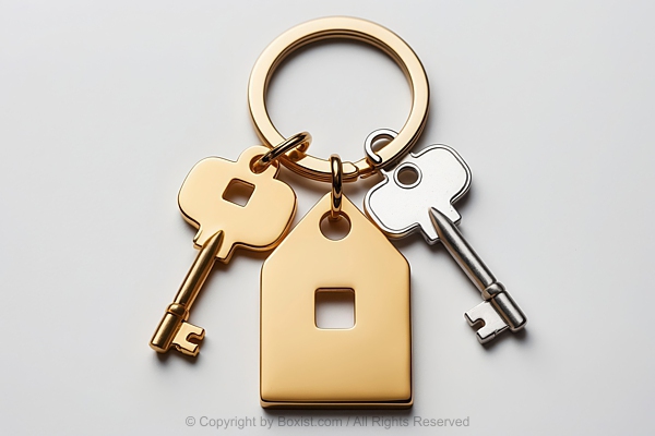 Keychain With House Shaped Pendant And Two Metallic Keys