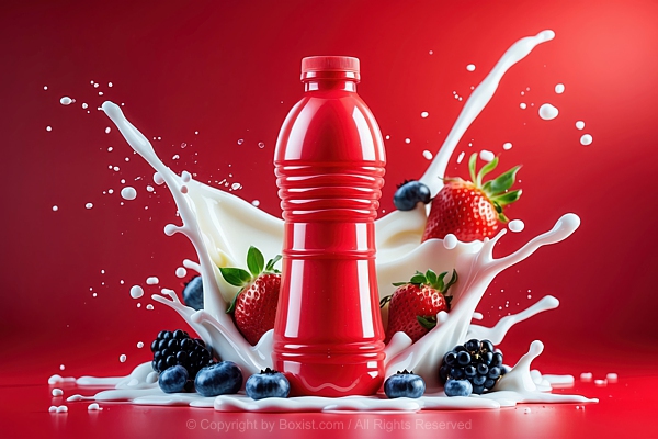Red Plastic Bottle Of Flavored Milk With Splashes Of Milk And Fresh Berries