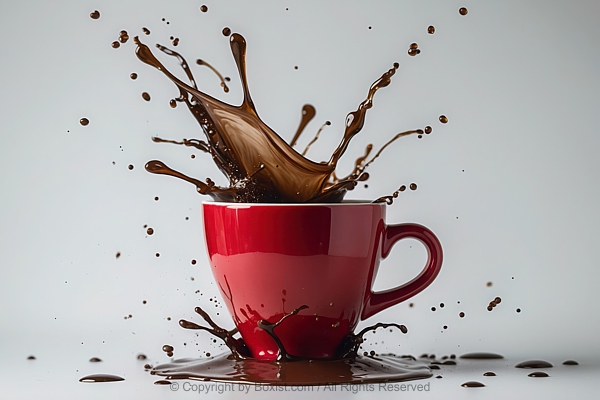Red Ceramic Coffee Cup With Splash Of Dark Coffee Liquid