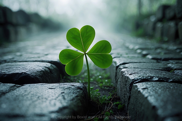 Shamrock Leaf Sprouts From The Narrow Gap Between Cobble Stones