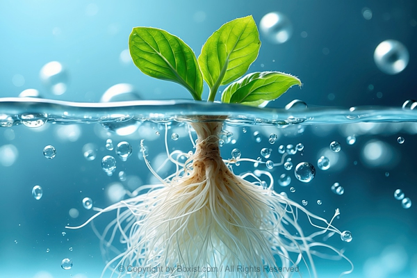 Small Plant Sprout With Two Green Leaves With Delicate Roots Submerged In Water