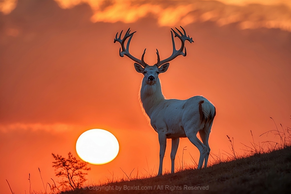 Silhouette Of Majestic White Deer Stands On Gentle Slope At Sunset