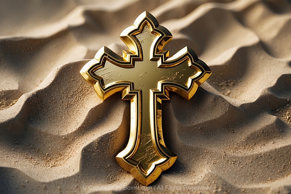 Shiny Gold Gothic Cross On Sand Background