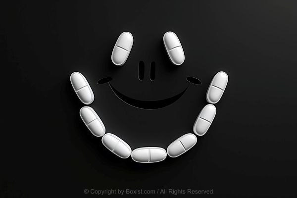 White Medicine Pills Arranged In Smiley Face On Black Background