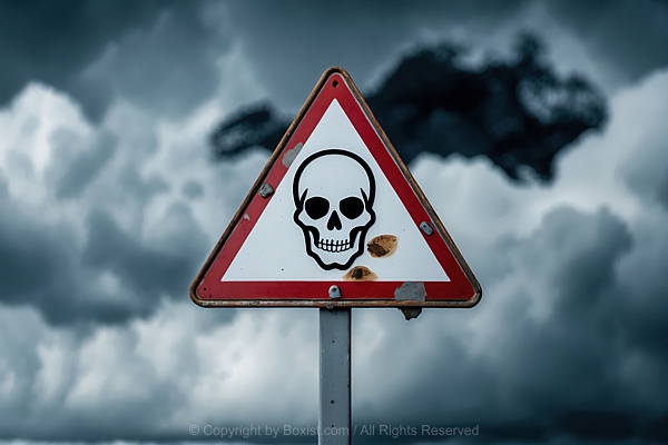 Old Triangular Warning Sign With Black Skull Symbol Against Cloudy Sky Background