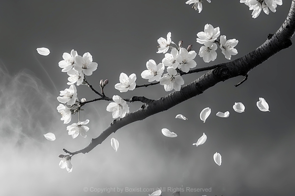 Morning Cherry Blossom Branch In Black And White