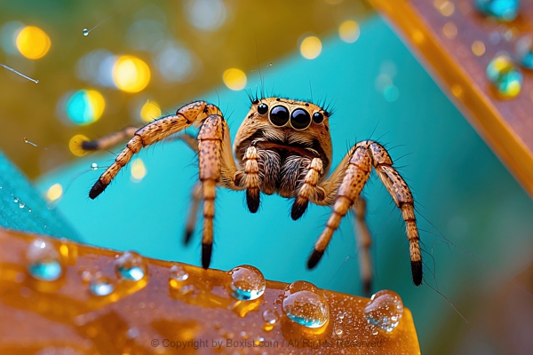 Macro Closeup Of Jumping Spider On Wet Surface