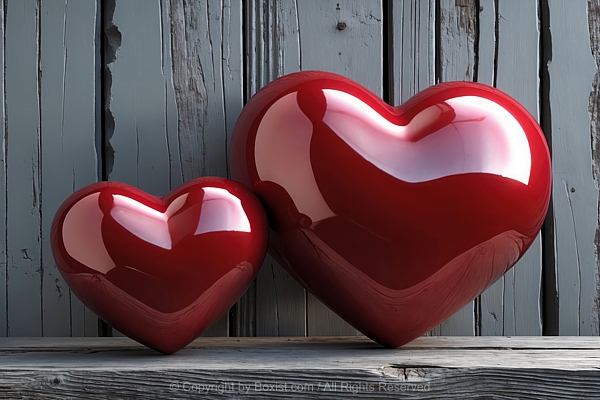 Large And Small Two Shiny Heart Shapes Stand Next To Each Other On Wooden Surface
