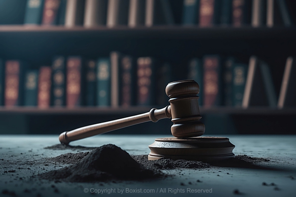 Judge Gavel Striking With Dust Against Book Shelves Background
