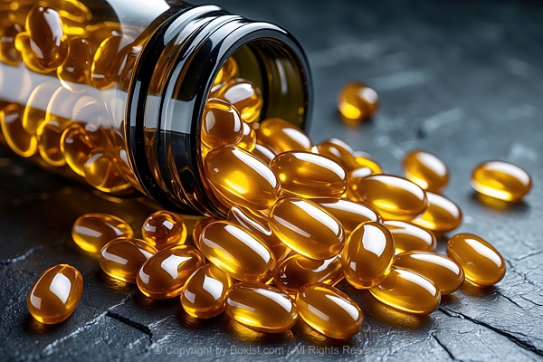 Open Bottle Tipped Over On Its Side With Fish Oil Pills
