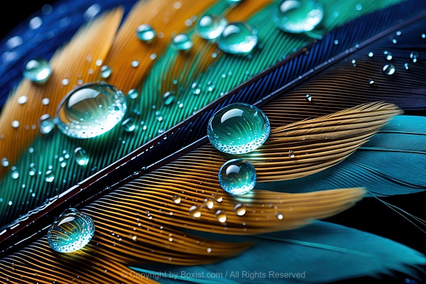Macro Of Glistening Water Droplets On Vibrant Colorful Feathers