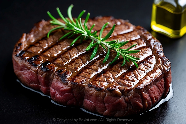Grilled Steak Placed With Sprig Of Fresh Rosemary