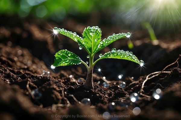 Macro Closeup Of Green Sprout Growing With Waterdrops