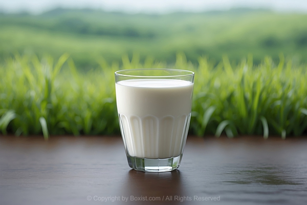 Glass Of Milk On Wooden Table Against Green Grass Background